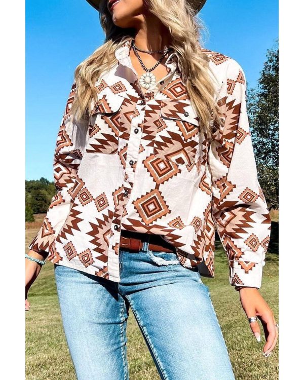 Azura Exchange Button Flap Pocket Shirt with Western Aztec Pattern – L