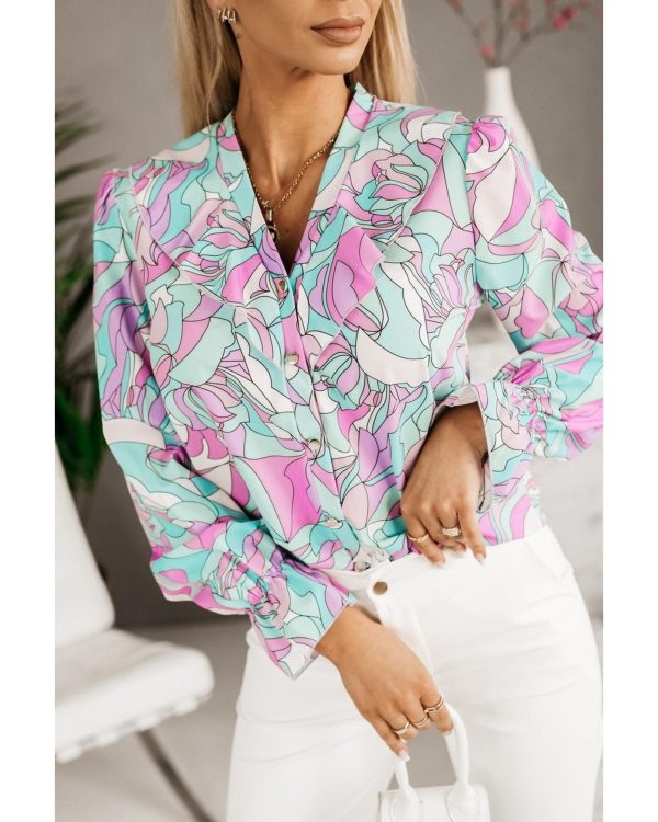 Azura Exchange Floral Print V-Neck Shirt with Ruffle Lapel – L