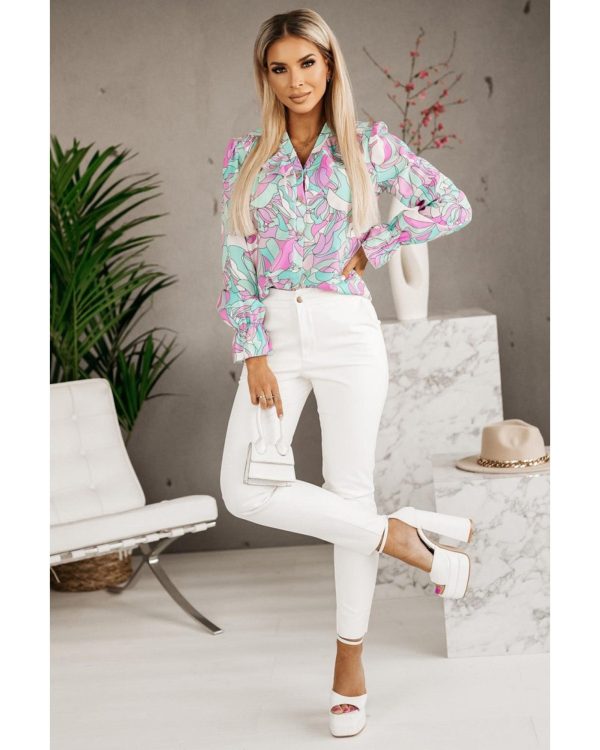 Azura Exchange Floral Print V-Neck Shirt with Ruffle Lapel – L