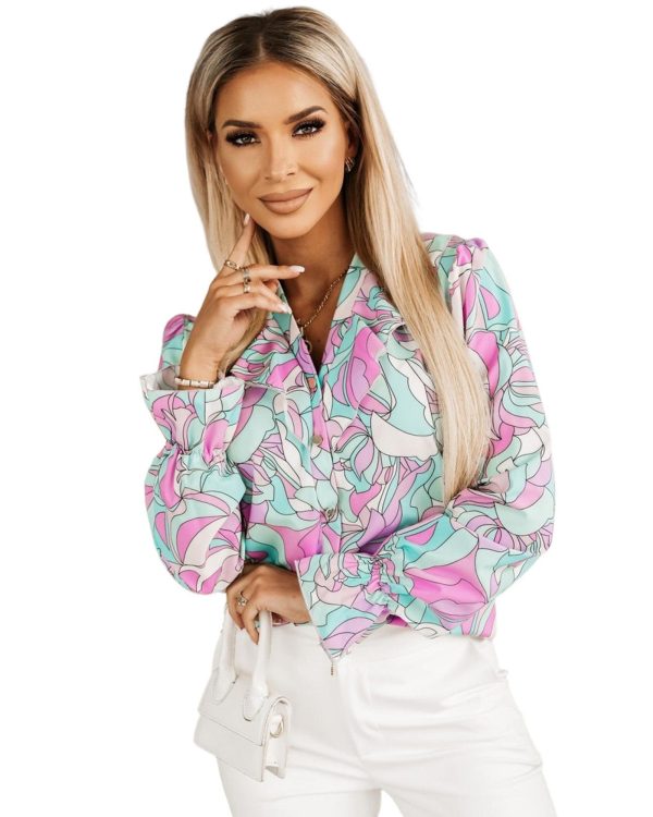 Azura Exchange Floral Print V-Neck Shirt with Ruffle Lapel – L