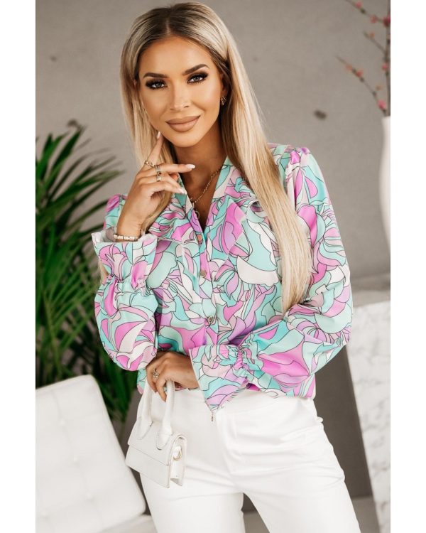 Azura Exchange Floral Print V-Neck Shirt with Ruffle Lapel – L