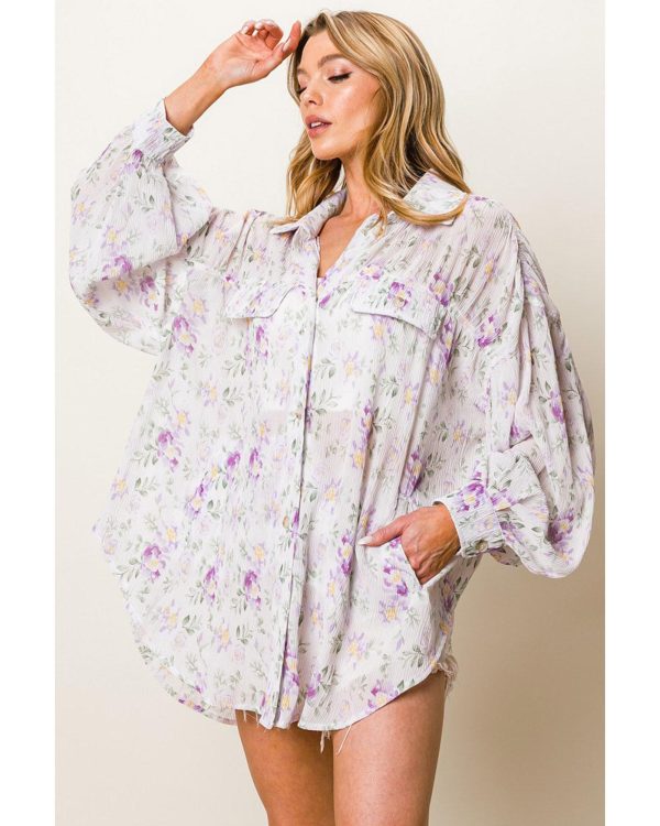 Azura Exchange Floral Print Pleated Flap Pocket Shirt – L