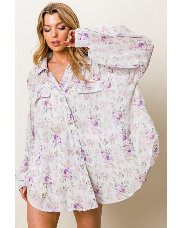 Azura Exchange Floral Print Pleated Flap Pocket Shirt – L