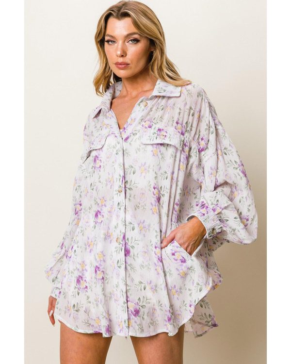 Azura Exchange Floral Print Pleated Flap Pocket Shirt – L