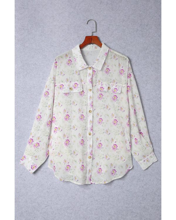 Azura Exchange Floral Print Pleated Flap Pocket Shirt – L