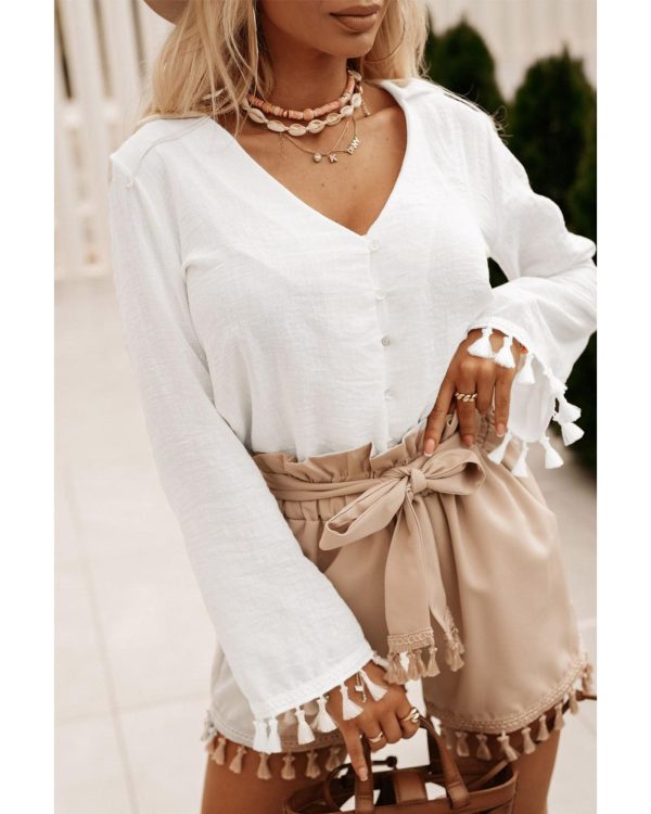 Azura Exchange White Buttoned Tassel Bell Sleeve Shirt – L