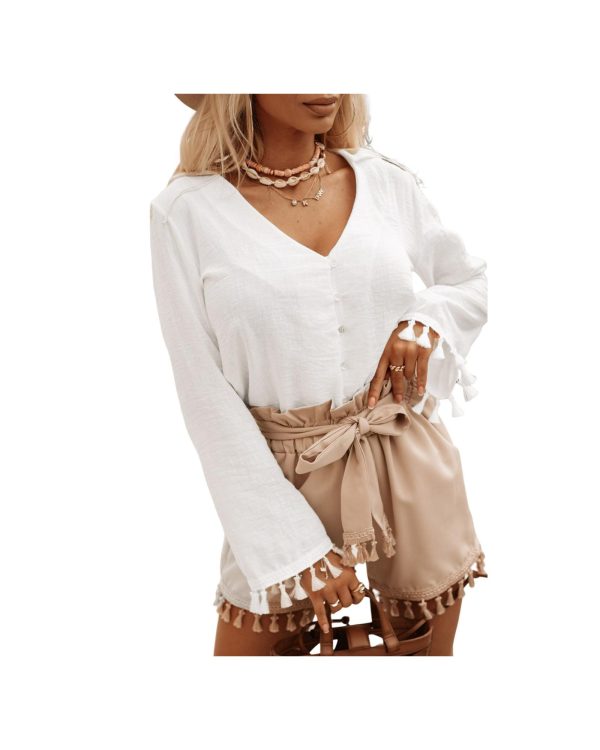 Azura Exchange White Buttoned Tassel Bell Sleeve Shirt – L