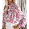 Azura Exchange Frilled Collar Floral Bubble Sleeve Shirt – L