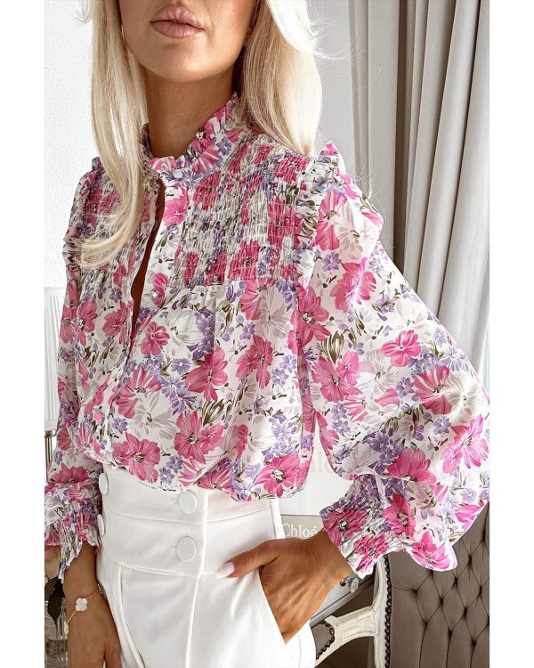 Azura Exchange Frilled Collar Floral Bubble Sleeve Shirt – L