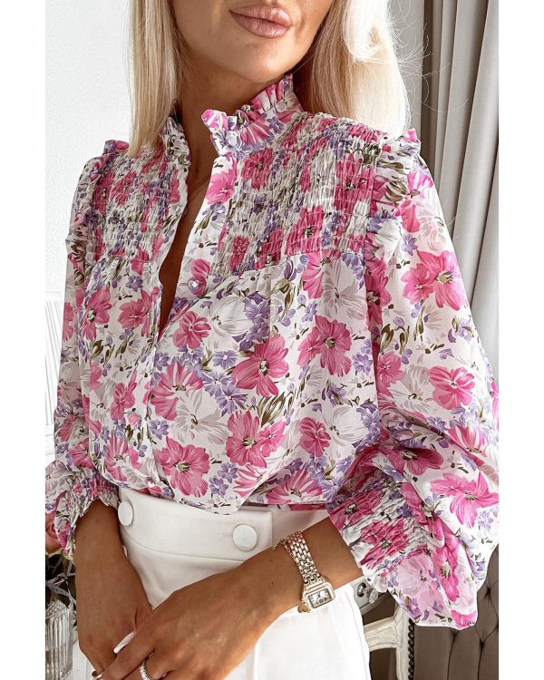 Azura Exchange Frilled Collar Floral Bubble Sleeve Shirt – L