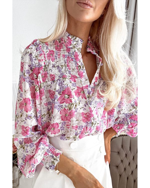 Azura Exchange Frilled Collar Floral Bubble Sleeve Shirt – L