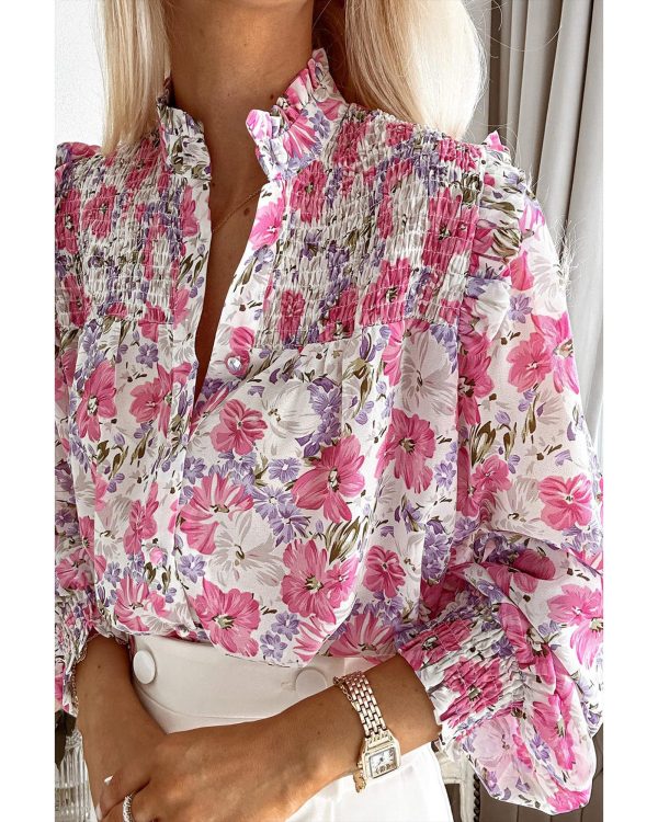 Azura Exchange Frilled Collar Floral Bubble Sleeve Shirt – L