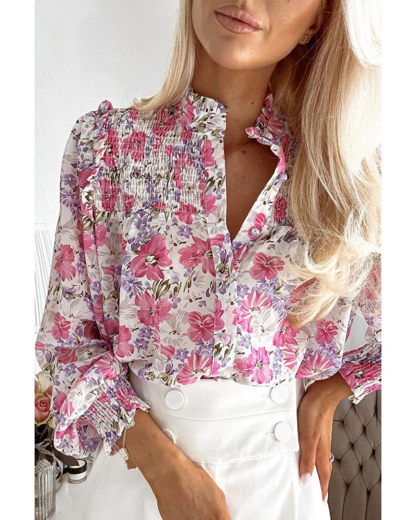 Azura Exchange Frilled Collar Floral Bubble Sleeve Shirt – L