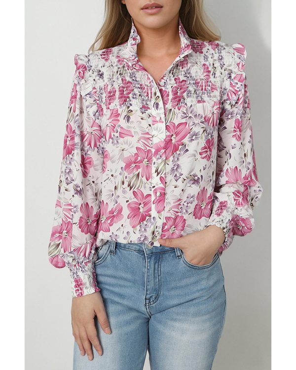 Azura Exchange Frilled Collar Floral Bubble Sleeve Shirt – L