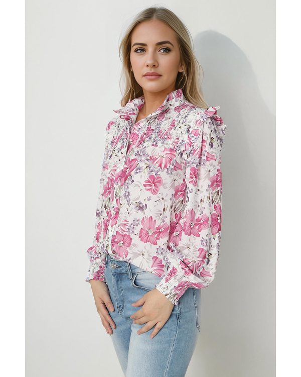 Azura Exchange Frilled Collar Floral Bubble Sleeve Shirt – L