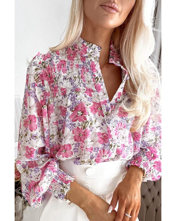 Azura Exchange Frilled Collar Floral Bubble Sleeve Shirt – L