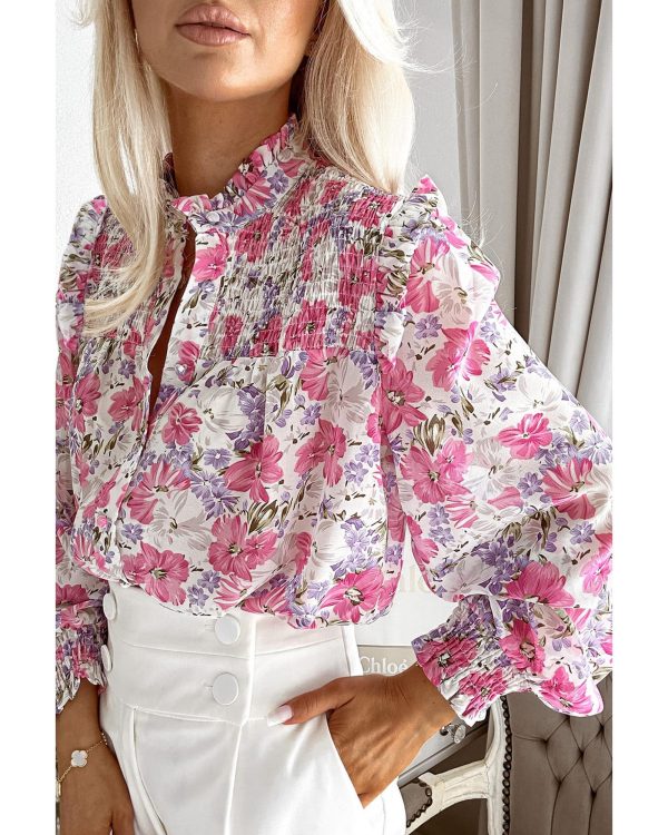 Azura Exchange Frilled Collar Floral Bubble Sleeve Shirt – L