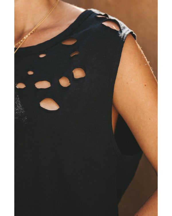 Azura Exchange Sleeveless Crew Neck Black Tank Top with Broken Hole Detail – L