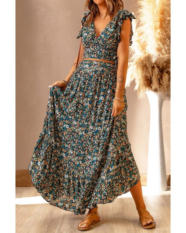 Azura Exchange Floral Ruffled Crop Top and Maxi Skirt Set – L