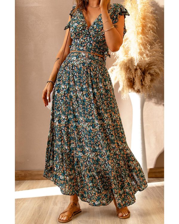 Azura Exchange Floral Ruffled Crop Top and Maxi Skirt Set – L