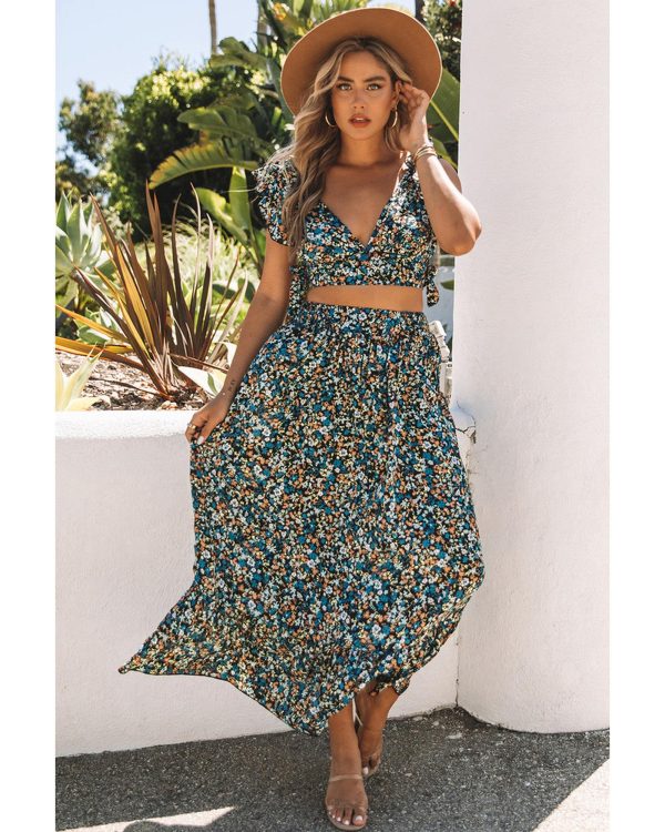 Azura Exchange Floral Ruffled Crop Top and Maxi Skirt Set – L