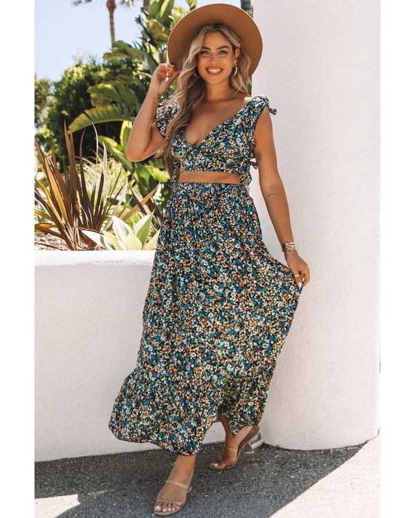 Azura Exchange Floral Ruffled Crop Top and Maxi Skirt Set – L