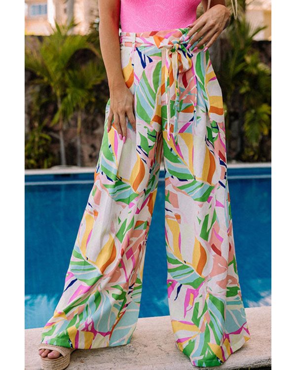 Azura Exchange Tropical Leafy Print Wide Leg Pants with Belt – XL