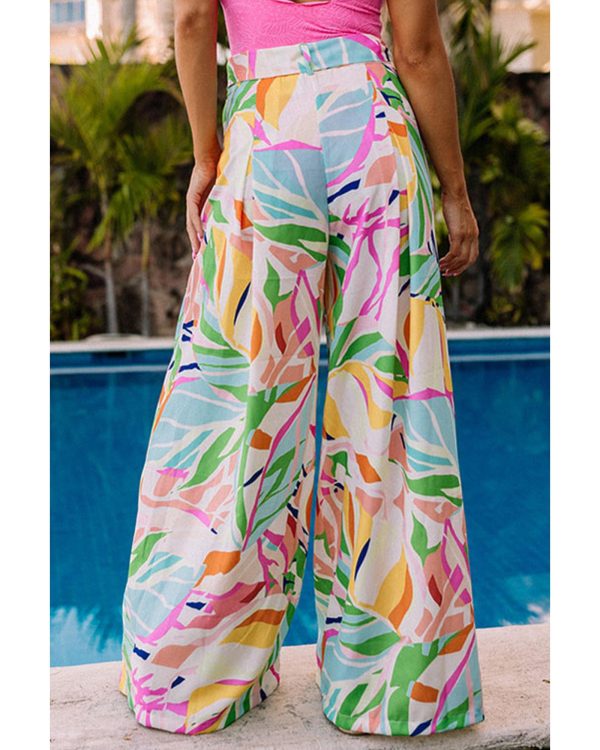 Azura Exchange Tropical Leafy Print Wide Leg Pants with Belt – XL