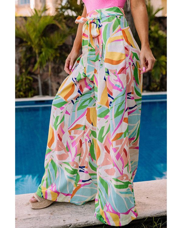 Azura Exchange Tropical Leafy Print Wide Leg Pants with Belt – XL