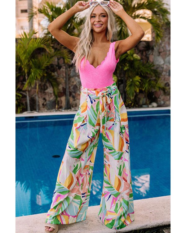 Azura Exchange Tropical Leafy Print Wide Leg Pants with Belt – XL