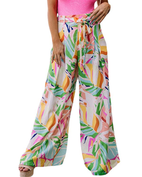 Azura Exchange Tropical Leafy Print Wide Leg Pants with Belt – XL