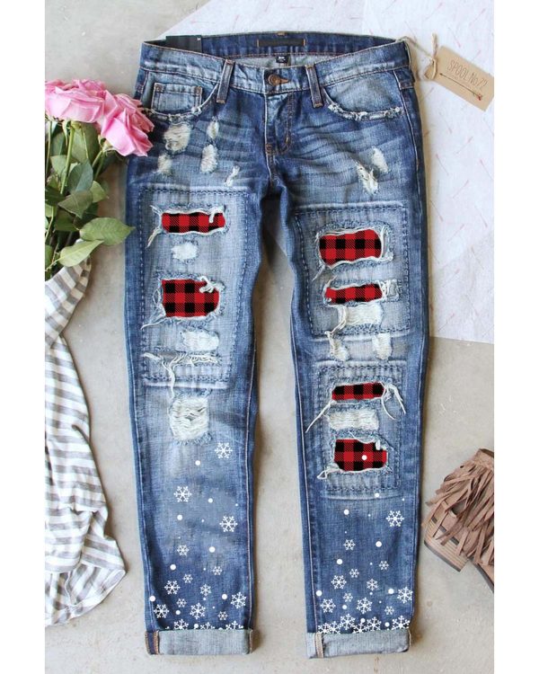 Azura Exchange Plaid Patch Snowflake Distressed Straight Jeans – M