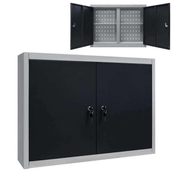 Wall Mounted Tool Cabinet Industrial Style Metal Grey and Black