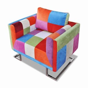 Cube Armchair with Chrome Feet Patchwork Design Fabric