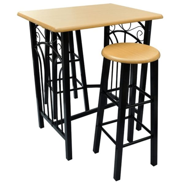 Bar Table and Stool Set 3 Pieces Wood and Steel