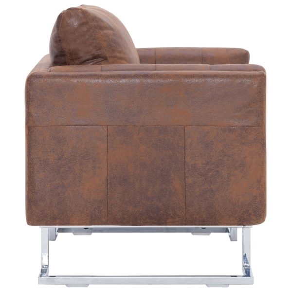 Cube Armchair Brown Faux Suede Leather