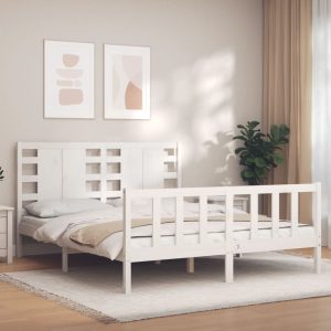 Bed Frame with Headboard White 153x203 cm Queen Solid Wood