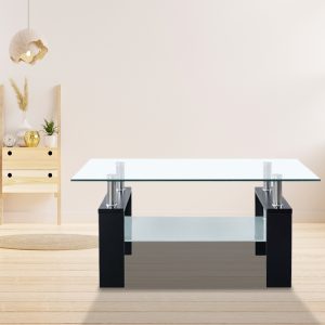 Coffee Table and Transparent 95x55x40 cm Tempered Glass – Black